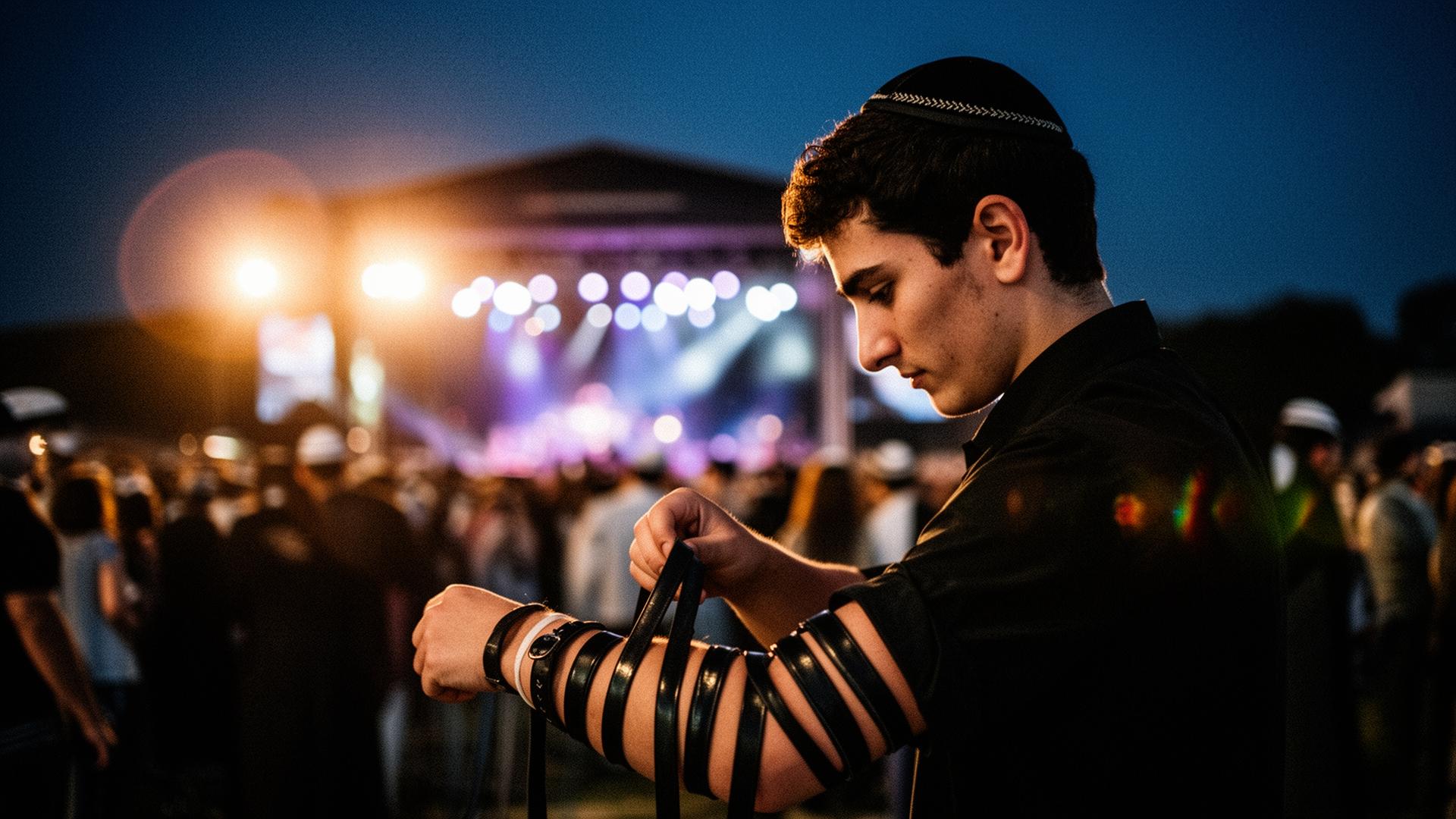 A young man wrapping tefillin at a concert at dusk